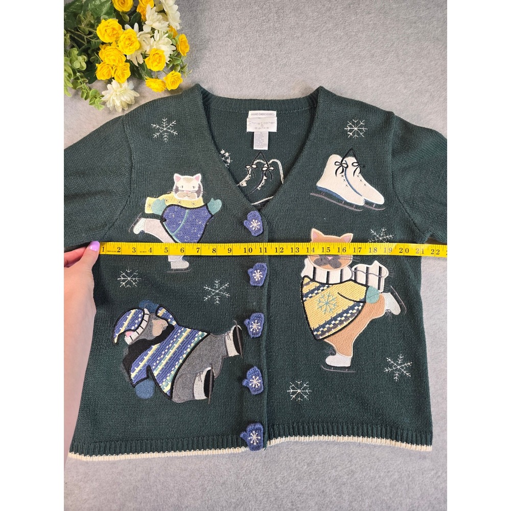 Vtg Christopher & Banks Green Ice Skating Cats Cardigan Sweater Embroidered M - Picture 10 of 13